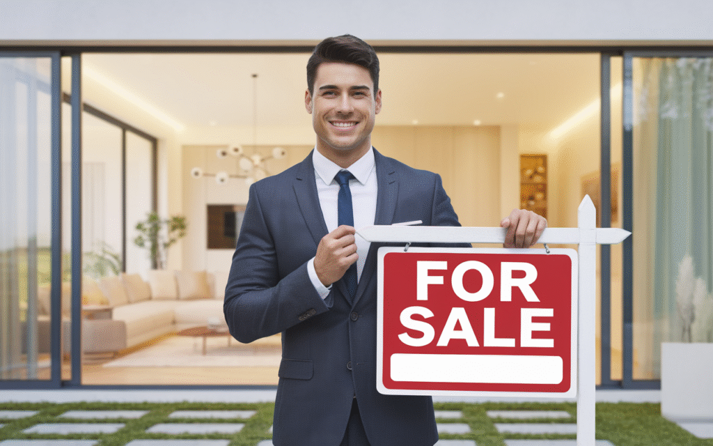 Agent immobilier discutant avec des propriétaires devant une maison à vendre