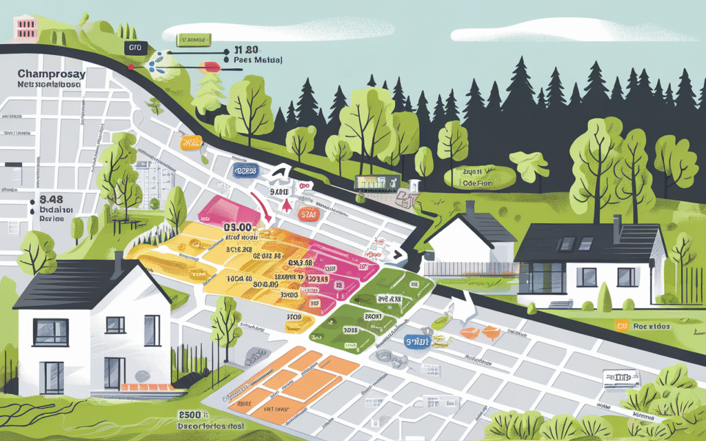 Vue du quartier résidentiel de Champrosay à Draveil avec indication du prix au mètre carré