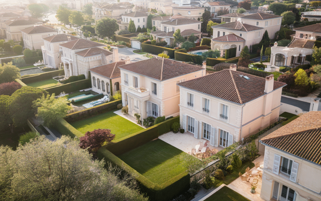 Vue aérienne du quartier le plus cher de Draveil avec maisons de standing et espaces verts
