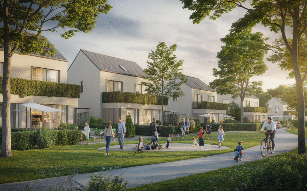 Vue de la ville de Draveil avec des habitants dans un parc