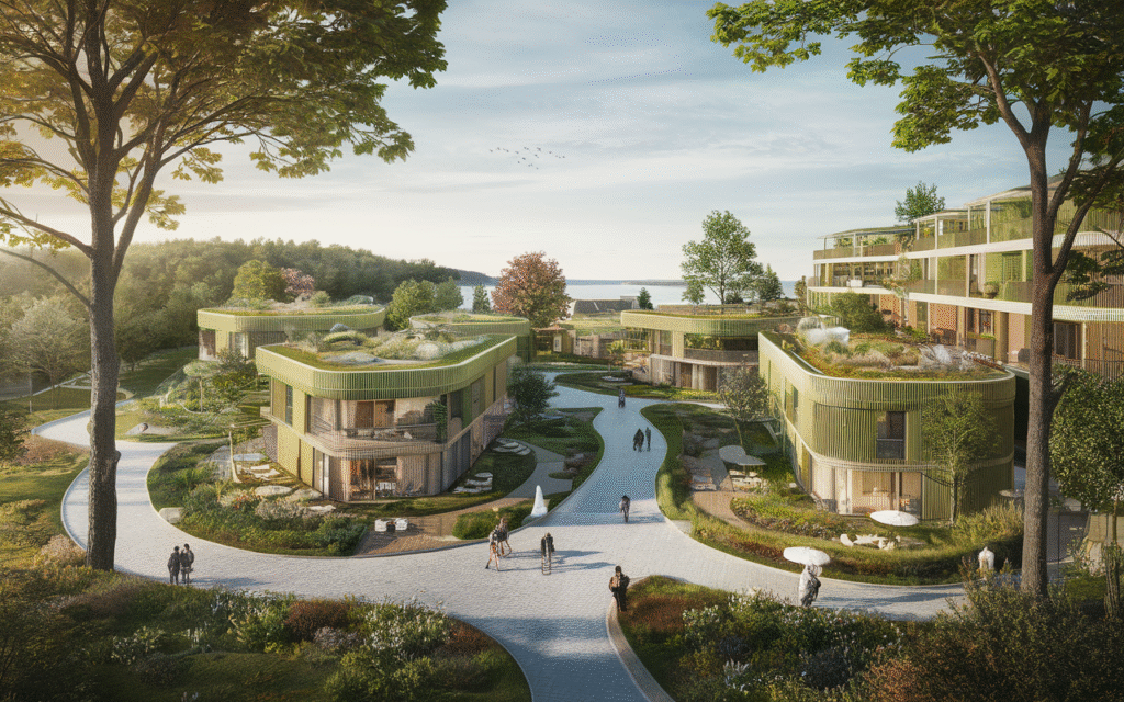 Vue d'ensemble du futur écoquartier à Draveil avec bâtiments durables et espaces verts