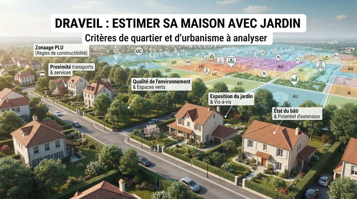 Illustration d'un quartier pavillonnaire avec maisons, jardins et plan de zonage.