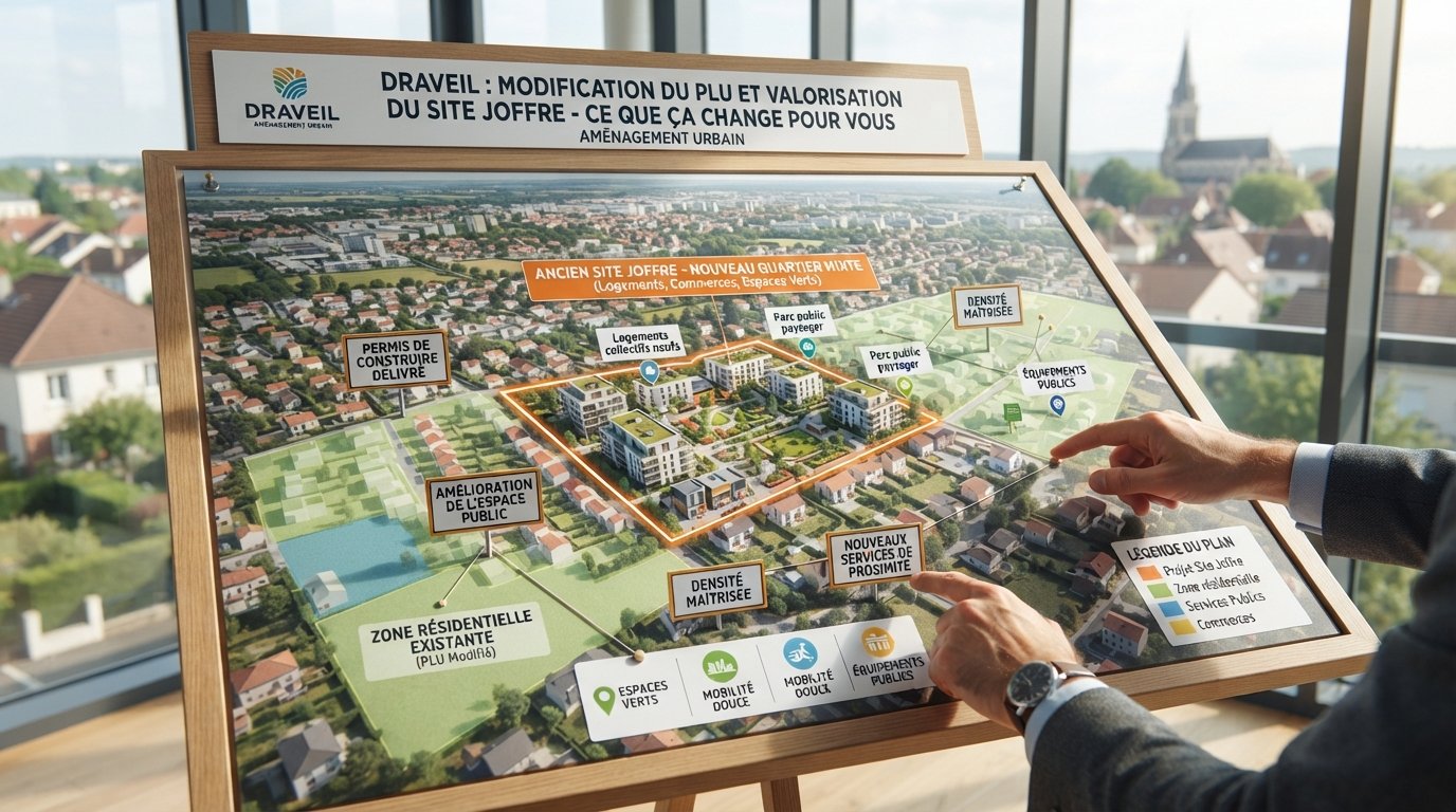 Plan stylisé de ville avec zones colorées, bâtiments et signalisation de travaux urbains