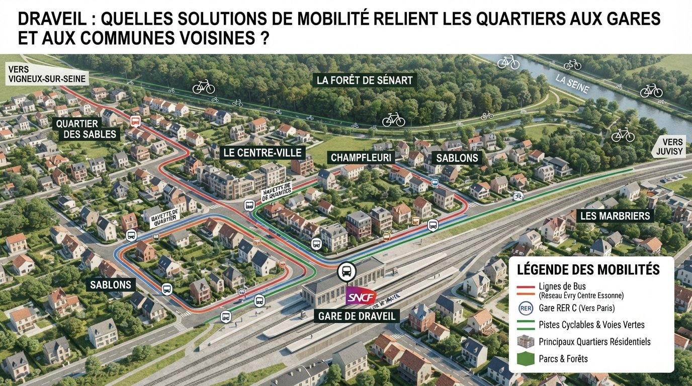 Carte schématique des liaisons bus et vélo entre quartiers de Draveil et la gare