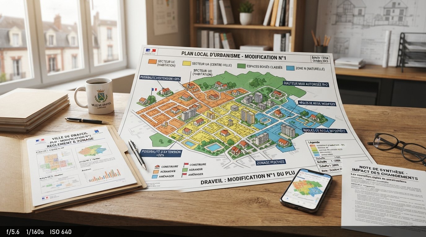 Plan stylisé de Draveil avec zones urbaines, pictogrammes de maisons et documents d'urbanisme.